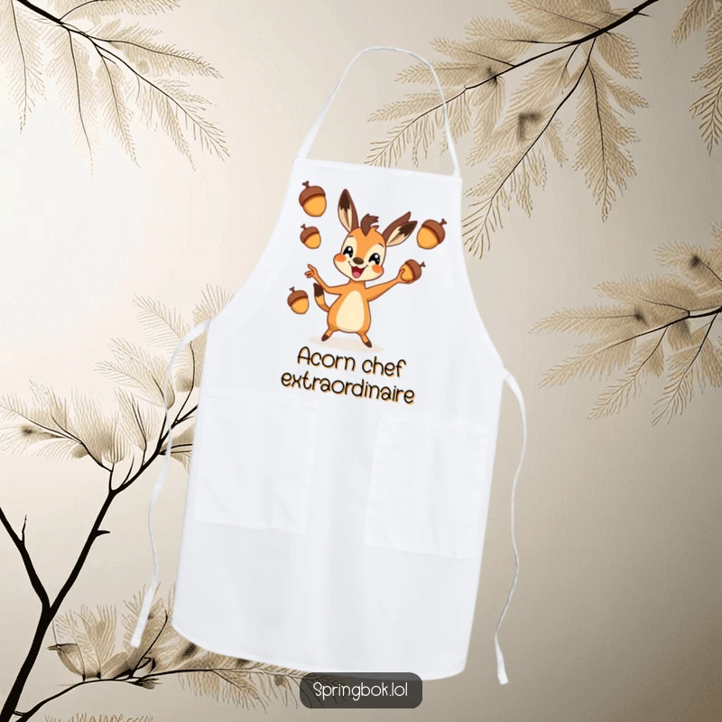 Funny springbok apron featuring a springbok expertly juggling acorns, adding a humorous and practical touch to kitchen duties.