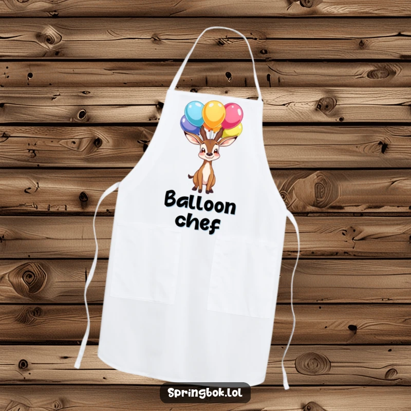 Funny apron showing a proud springbok character balancing colorful balloons on its nose, a comical kitchen accessory for achievers.