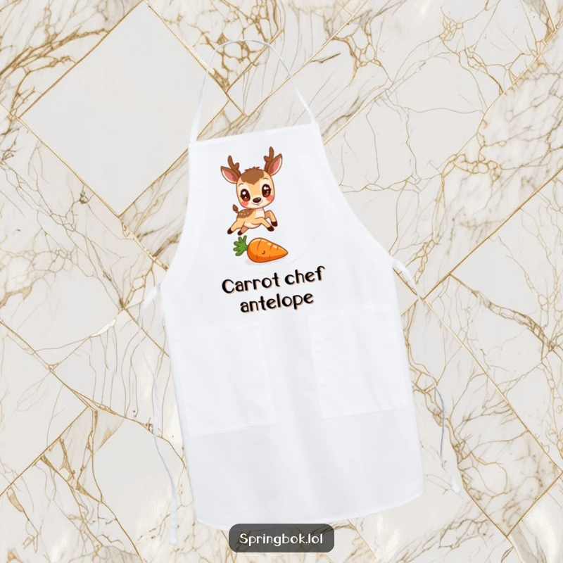 Funny cooking apron depicting a round antelope with friendly eyes leaping over a tiny carrot, a humorous and cheerful kitchen accessory.