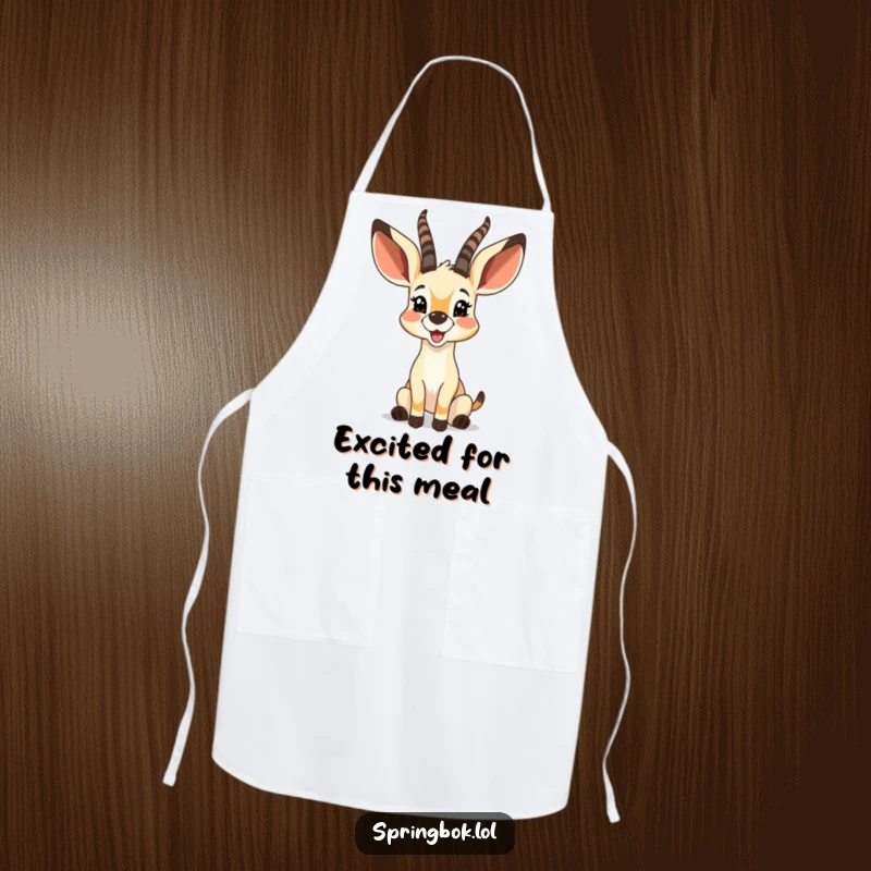 Funny springbok with large, bouncy ears twitching with glee, on a practical and cheerful apron.