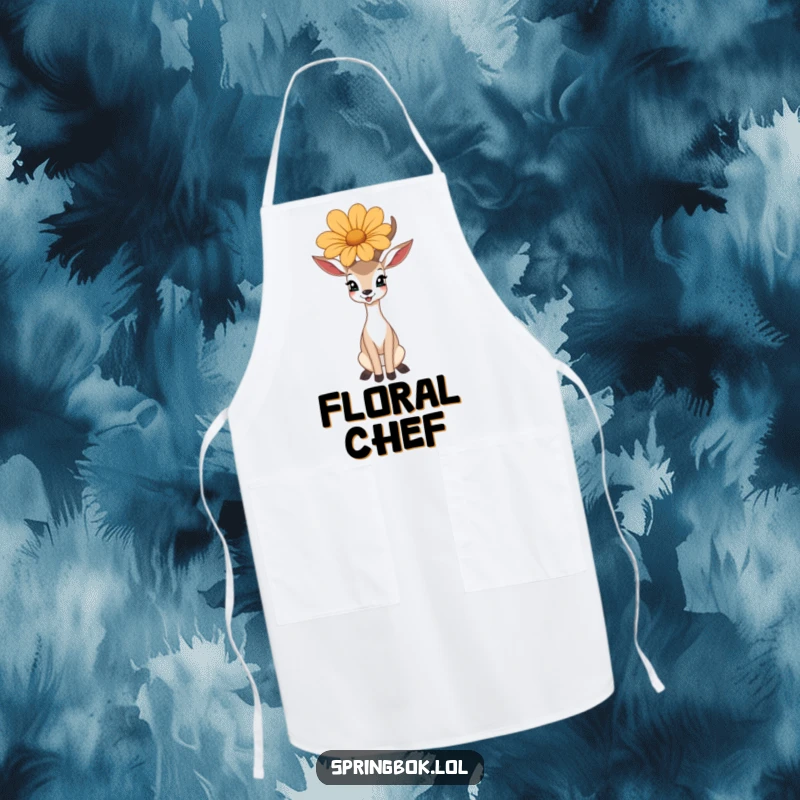 Funny apron showing a happy antelope balancing a large flower on its head, great for kitchen or garden.