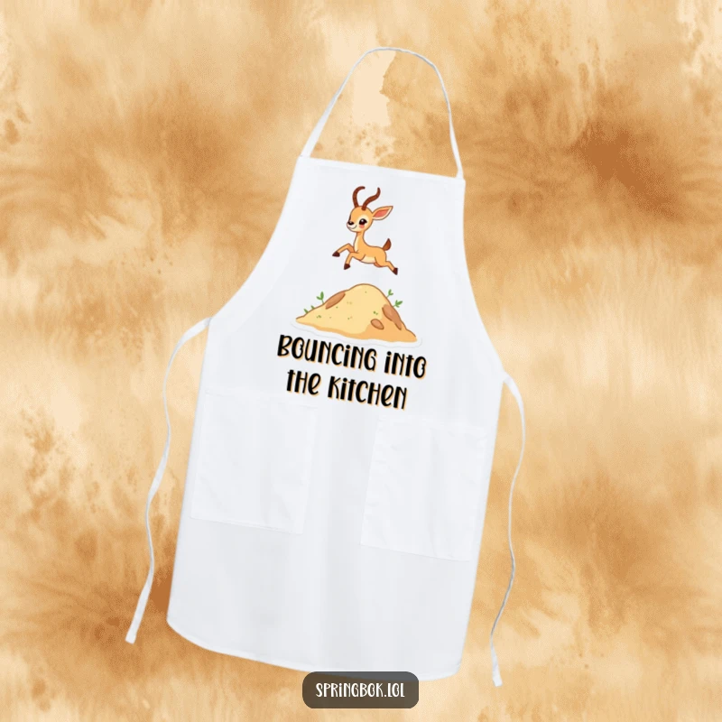 Funny tiny antelope character leaping over a hill on a kitchen apron, perfect for adding joyous and humorous flair.
