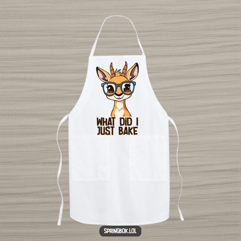 Funny springbok wearing big glasses, its face a mask of bewilderment, on a practical and funny apron.