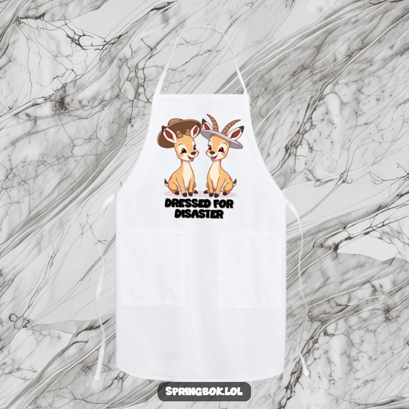 Funny springbok giggling apron, two springboks in oversized hats sharing a giggle, kitchen wear with humor.