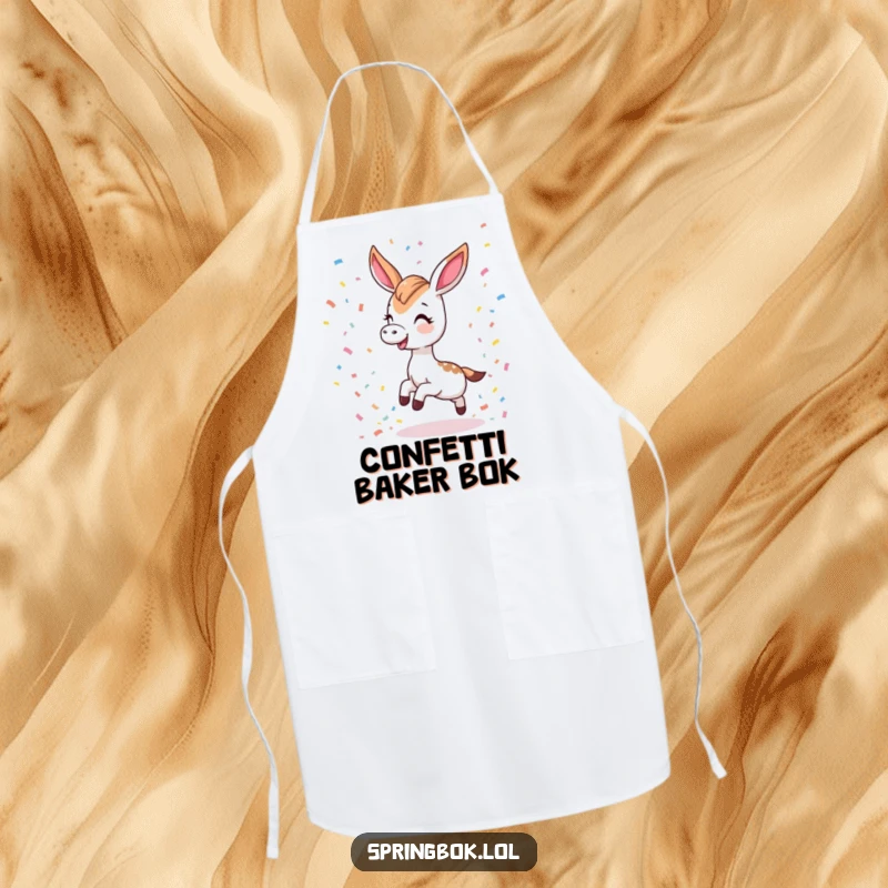 Funny cooking apron depicting a Kawaii springbok tripping playfully and scattering confetti, a humorous and adorable kitchen accessory.