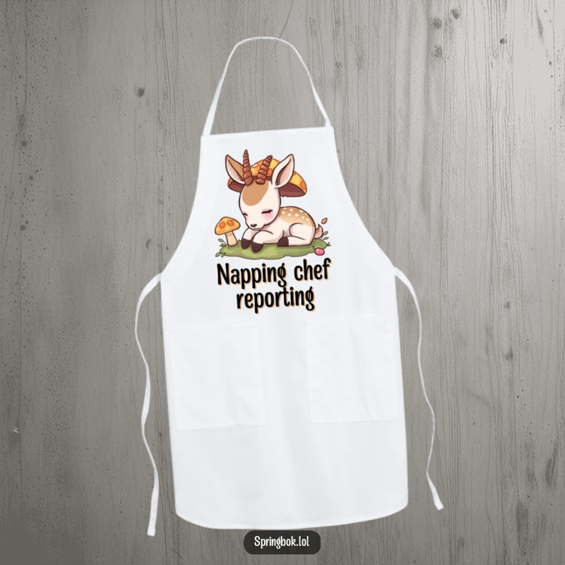 Funny Apron: A tranquil antelope naps under a mushroom, bringing gentle humor and a calm presence to kitchen activities.