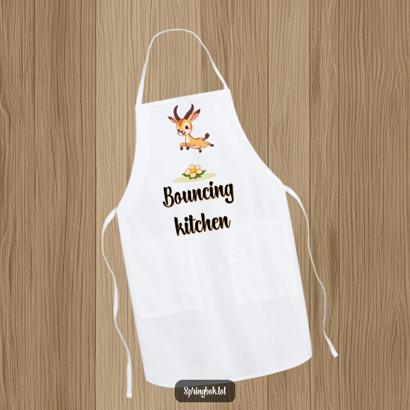 Funny apron showing a cute springbok character joyfully leaping over a small, smiling flower, a cheerful kitchen essential.