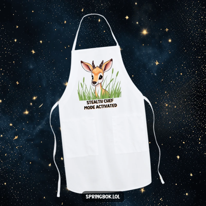 Funny Springbok Apron: A springbok peeking playfully from behind tall grass, ready to keep your clothes clean with a touch of humor.