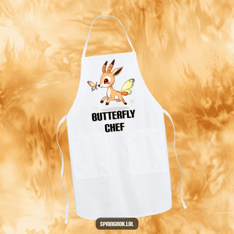 Funny springbok apron with a playful character chasing a stylized butterfly, bringing whimsical energy to kitchen tasks.