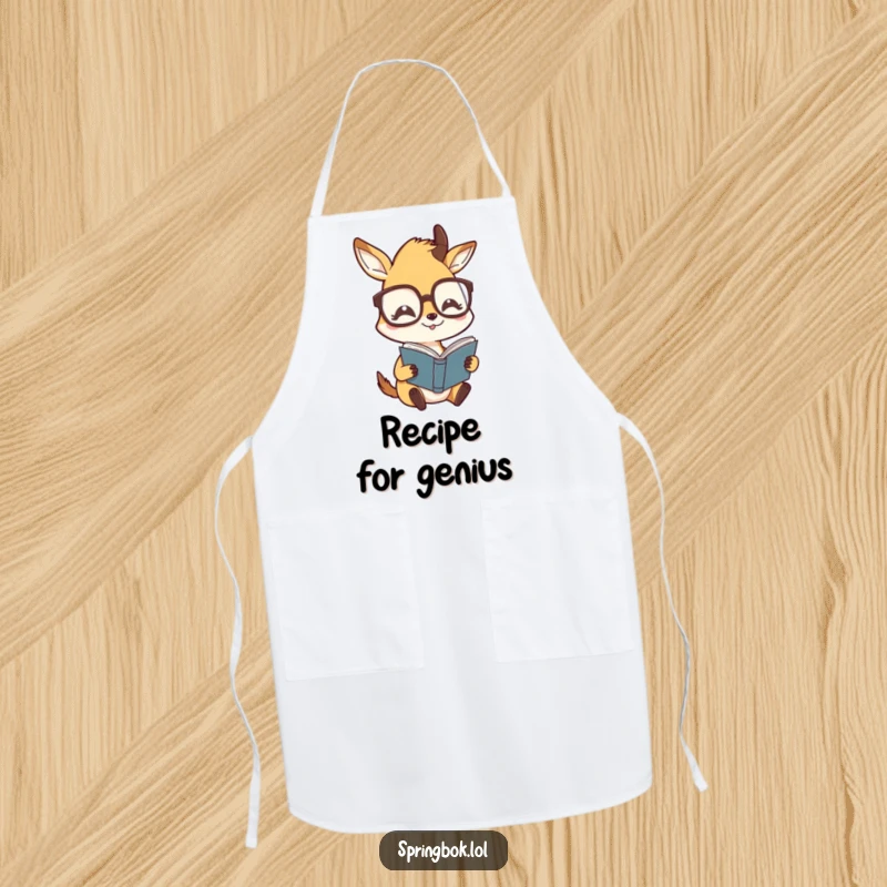 Funny apron featuring a springbok character wearing oversized glasses, humorously reading, adding witty celebration to cooking.