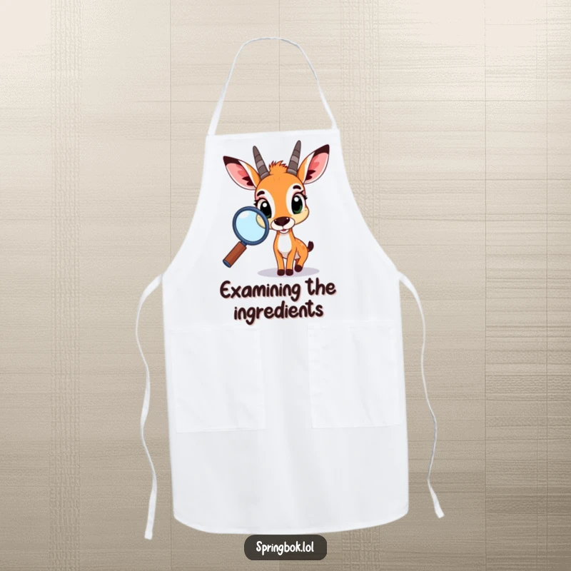 Funny springbok apron, showing a springbok with curious eyes using a magnifying glass, perfect for kitchen adventures and protective wear.