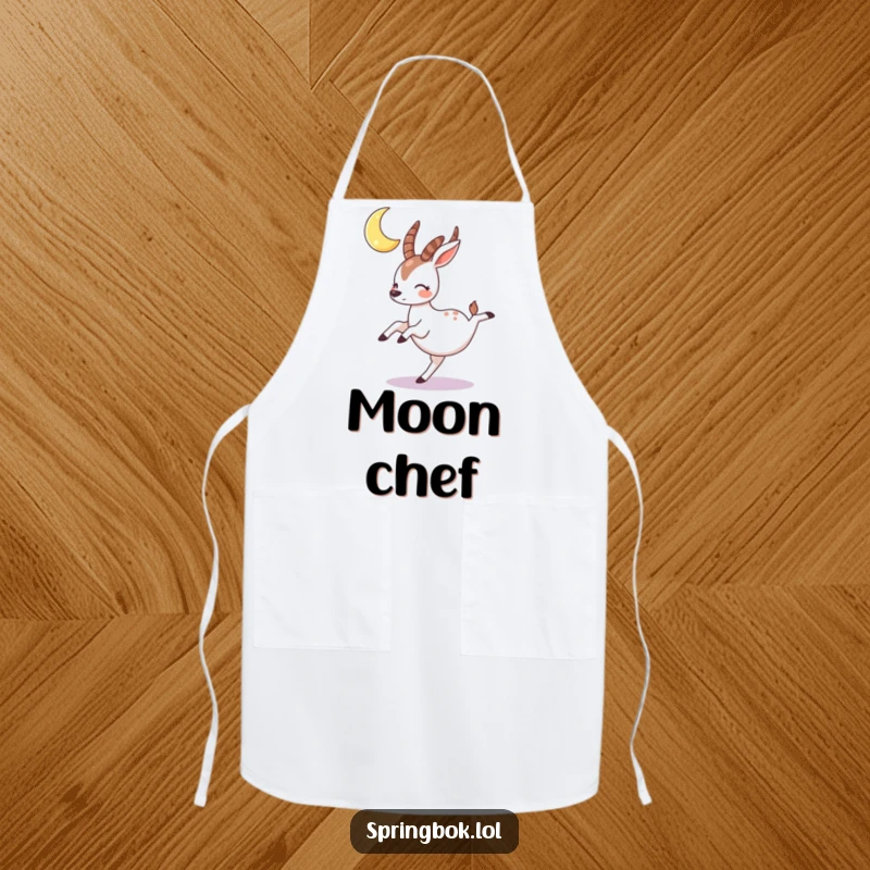 Funny springbok apron with a rosy-cheeked character cartwheeling under a crescent moon, bringing whimsical energy to cooking.