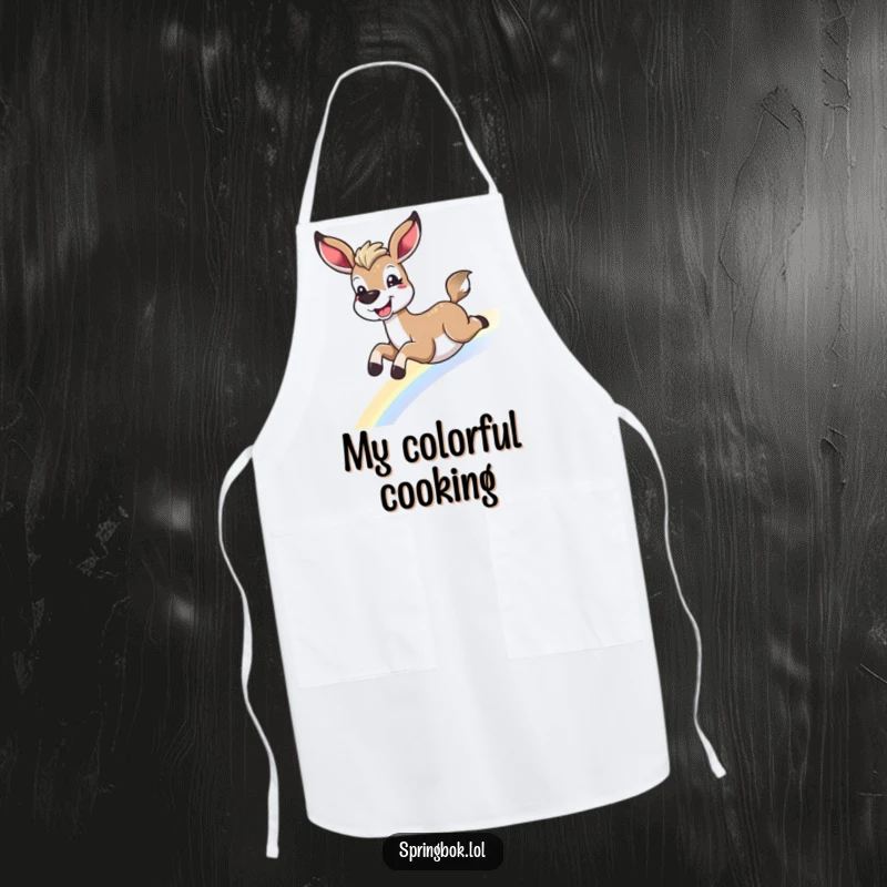Funny springbok rainbow apron, sliding down a rainbow with a grin, perfect for kitchen fun or a funny gift.