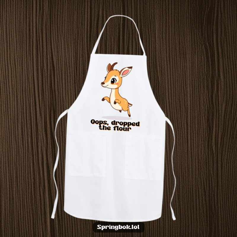 Funny springbok doing a surprised little hop, ready for action, on a practical and funny apron.