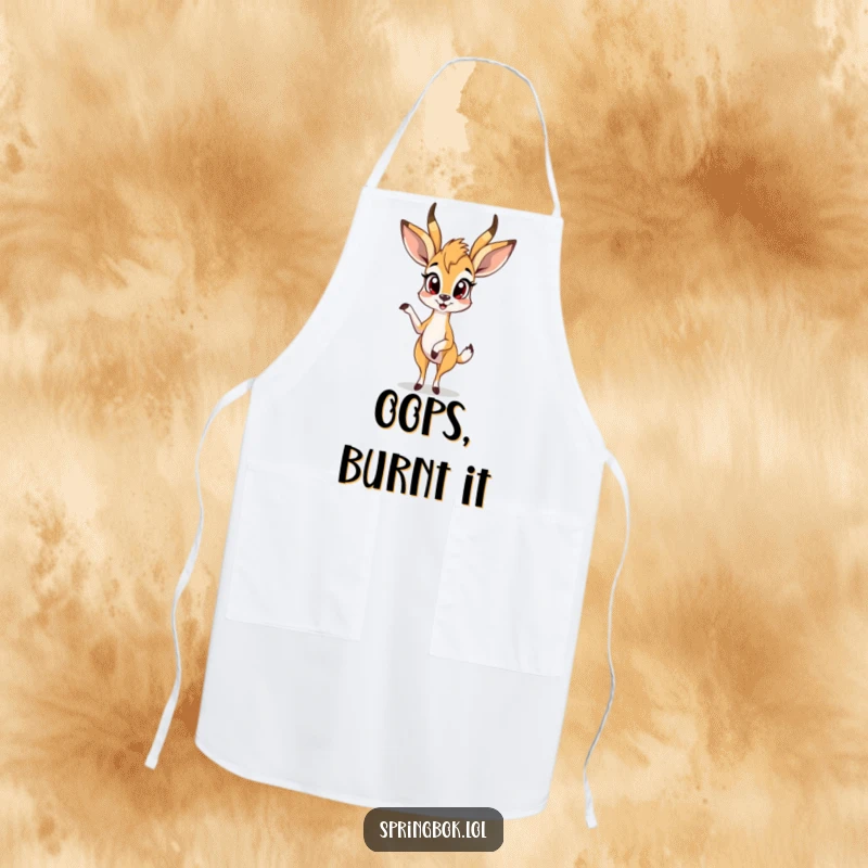 Funny springbok apron shows a springbok in a surprised pose with one leg up, bringing humor to kitchen tasks.