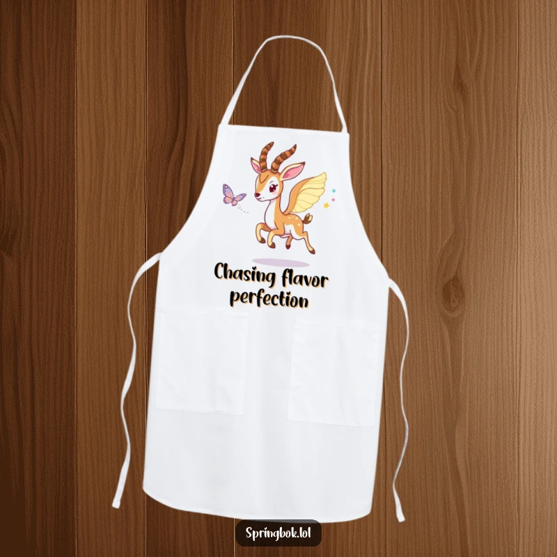 Funny Winged Springbok Apron: A springbok with wings playfully chasing a butterfly, bringing magic to the kitchen.