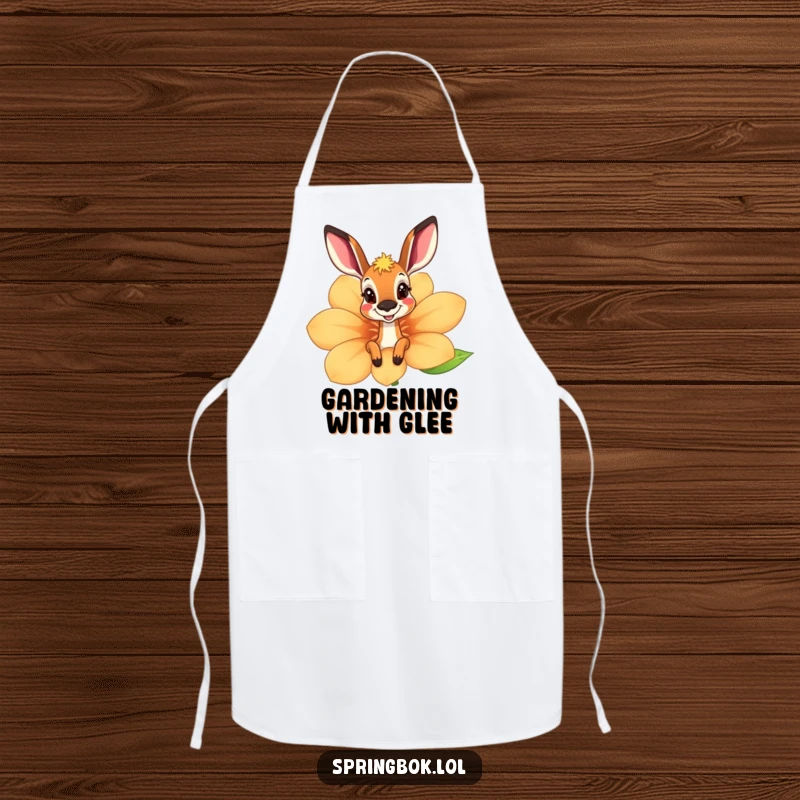 Funny springbok apron with a playful peek from behind a giant, smiling flower, ideal for adding humor to cooking.
