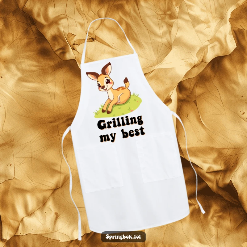 Funny springbok apron of a silly springbok with a big grin sliding down a grassy hill, perfect for kitchen fun.