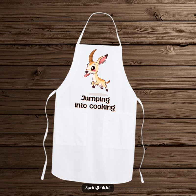 Funny springbok in a joyful mid-air jump, tongue playfully extended, on a practical and humorous kitchen apron.