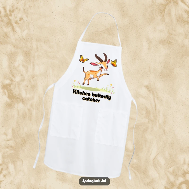 Funny springbok butterfly chase apron, a springbok playfully chasing a butterfly, kitchen wear with humor.