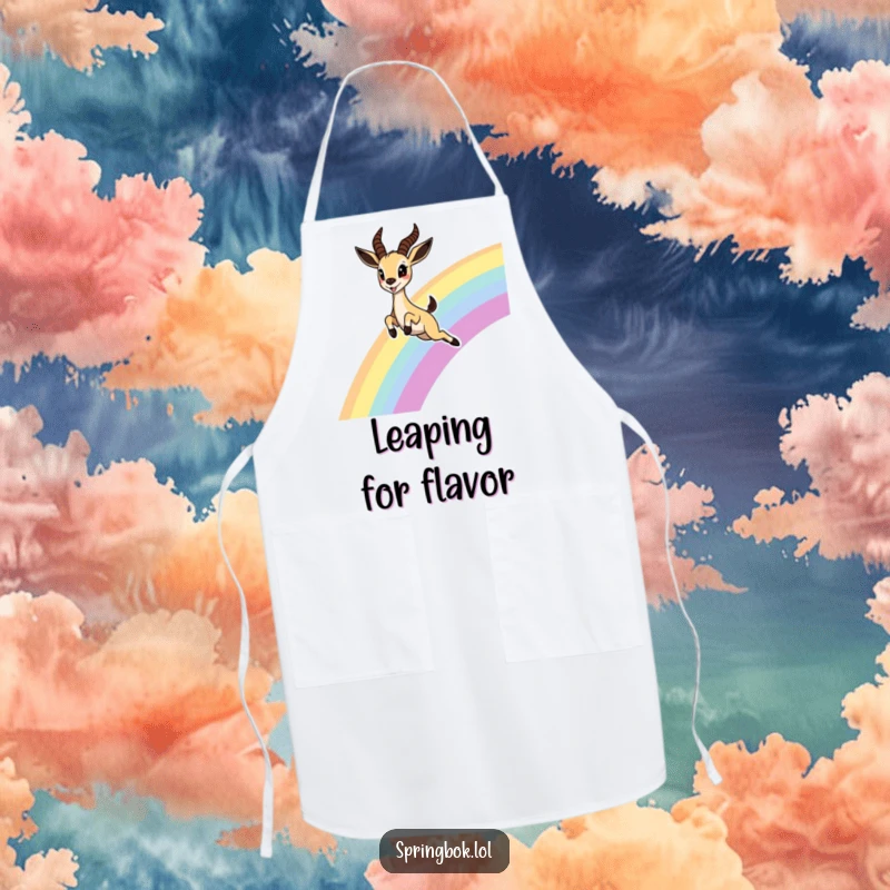 Funny Springbok Rainbow Apron, showing a cute springbok leaping joyfully over a rainbow, perfect for kitchen magic and protecting clothes.