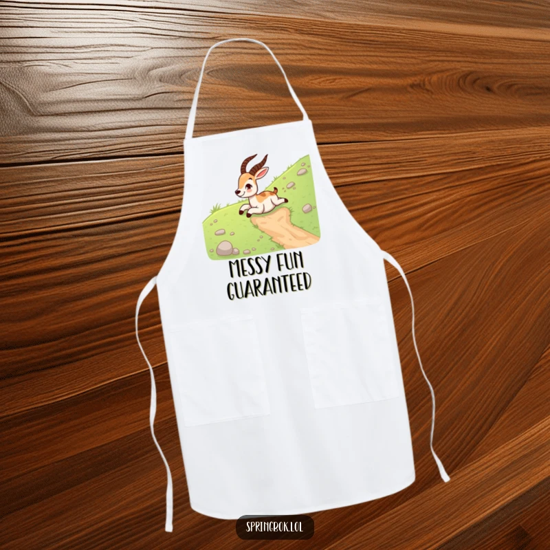 Funny springbok apron showing a giggling springbok sliding down a grassy hill on its belly, perfect for playful chefs.