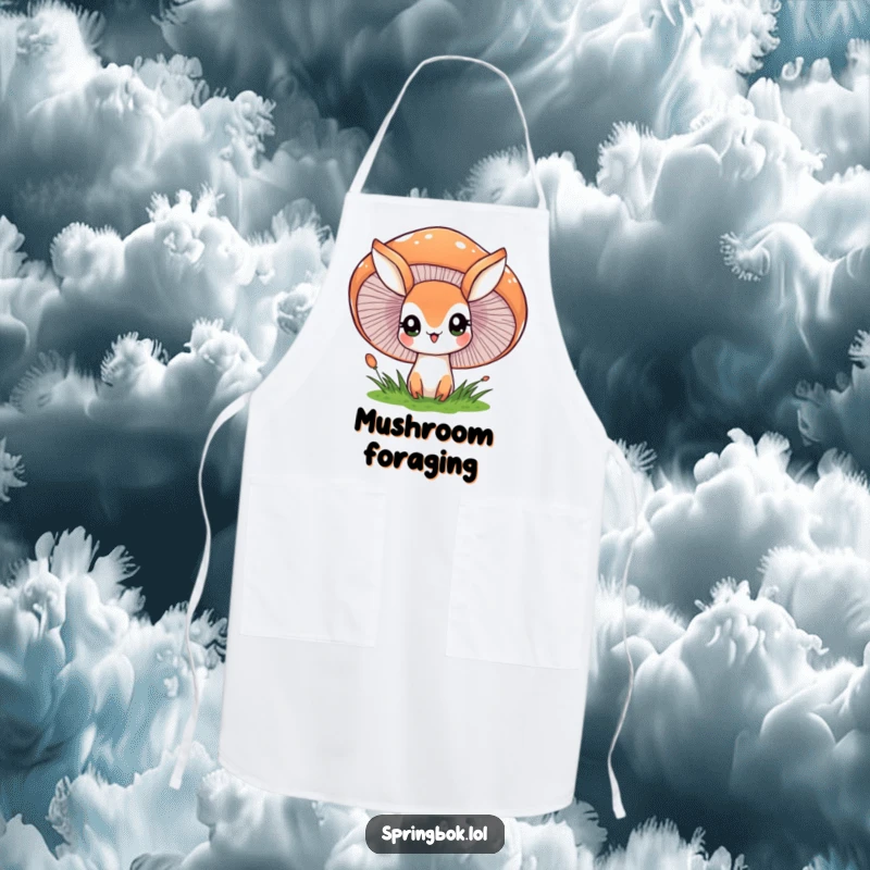 Funny apron showing a springbok character peeking with wide eyes from behind a large, cheerful mushroom, a magical kitchen essential.