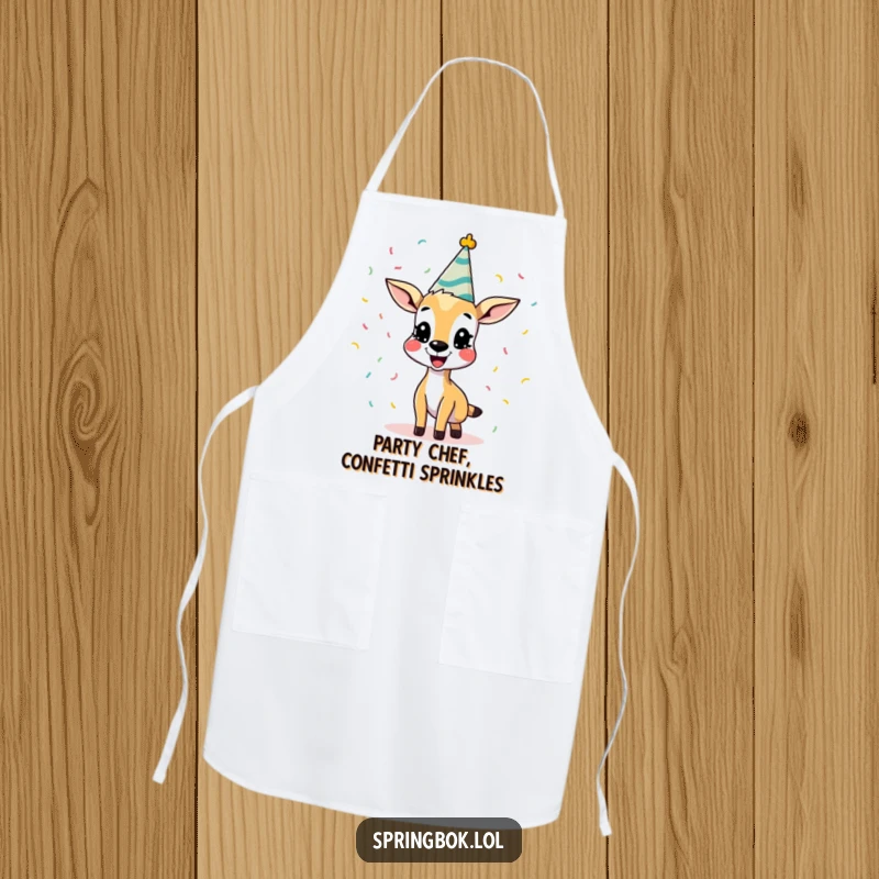 Funny Chef Apron featuring a springbok in a party hat, enthusiastically throwing confetti. A humorous kitchen accessory, great funny gift.