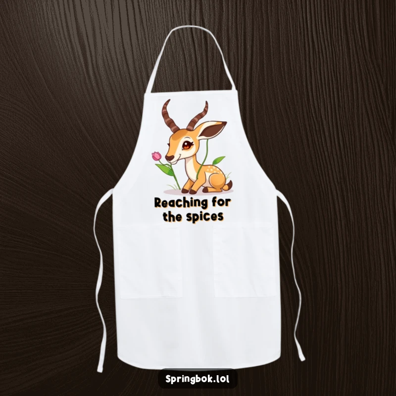 Funny Springbok Apron: A springbok stretching its neck to reach a leaf, a humorous kitchen accessory for culinary fun.