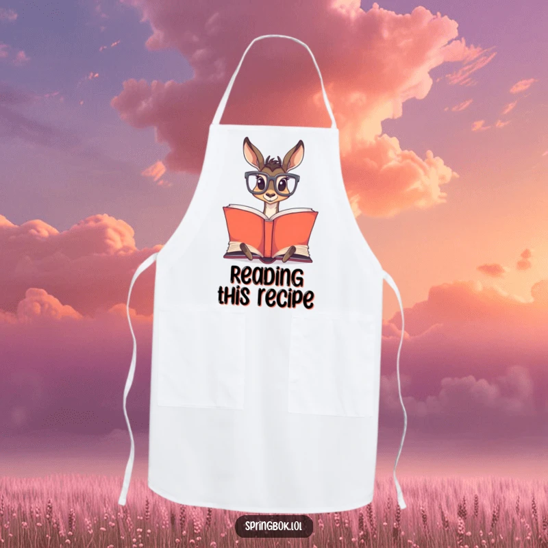 Funny Springbok Glasses Apron: A springbok with oversized glasses reading a book, bringing humor to the kitchen.