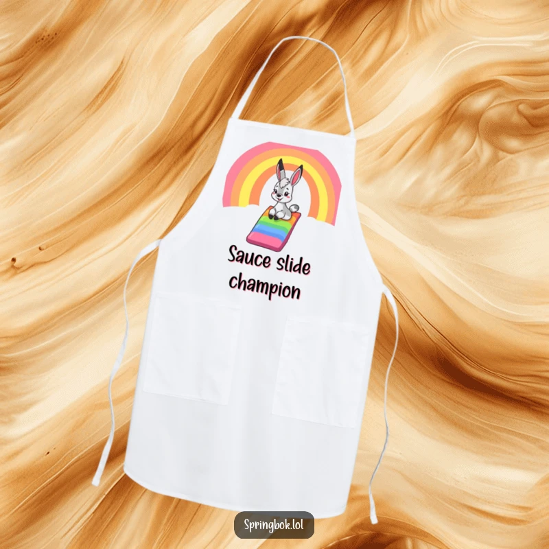 Funny springbok apron, depicting a springbok joyfully sliding down a rainbow chute, perfect for adding color and fun to kitchen tasks.