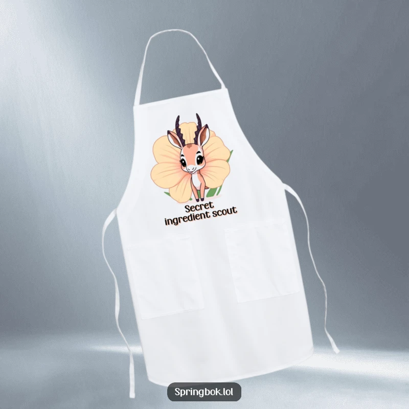 Funny springbok apron showing a curious springbok peeking from behind a giant flower, ideal for playful chefs in the kitchen.