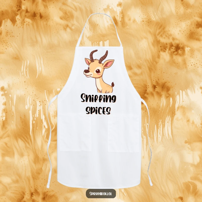 Funny apron showing a cute antelope wiggling its nose curiously, great for kitchen use.