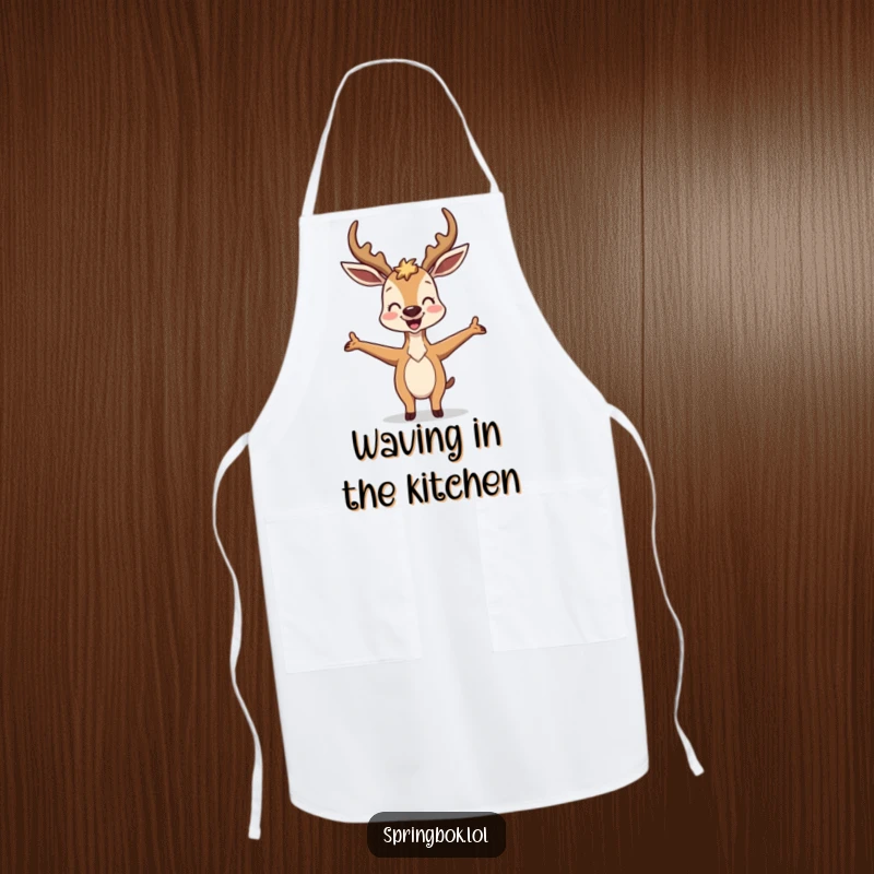 Funny Antelope Apron: A joyful antelope strikes a wonderfully silly, arms-outstretched pose, bringing humor to kitchen tasks.