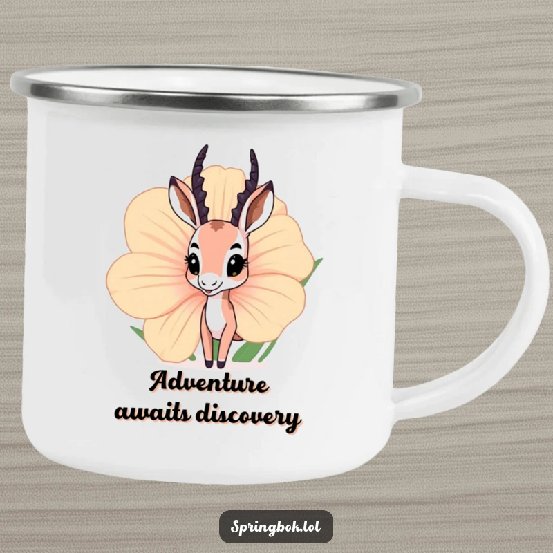 Funny springbok camping mug showing a curious springbok peeking from behind a giant flower, perfect for outdoor drinks and exploration.