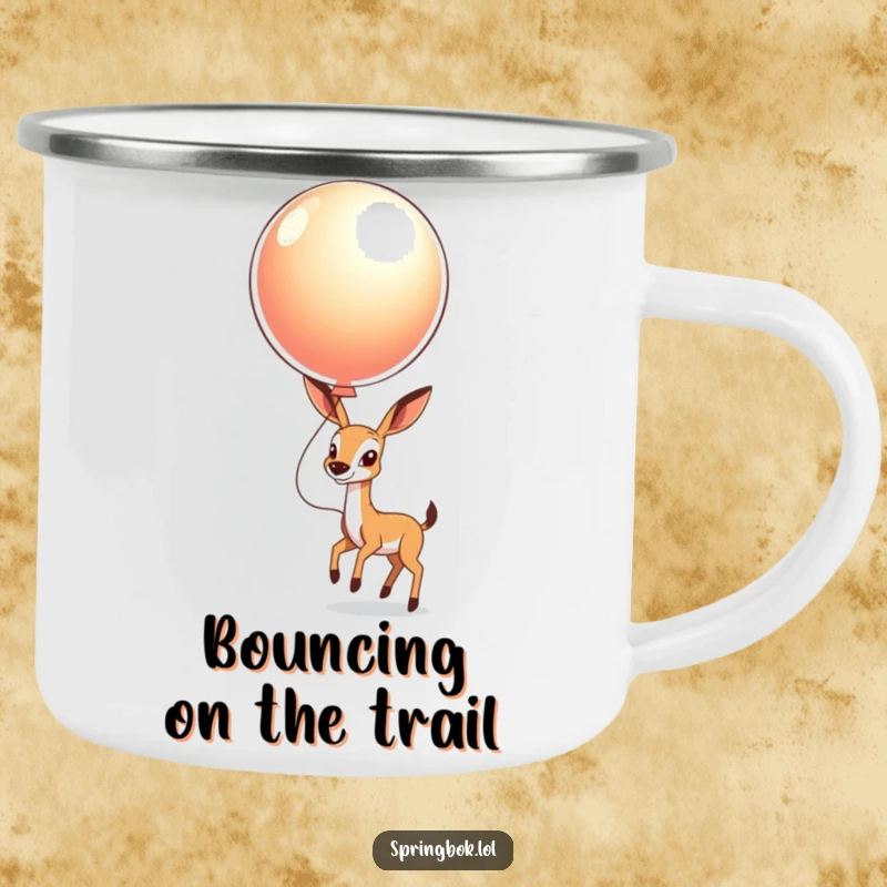 Funny Springbok Balloon Camping Mug: Springbok happily bouncing a shiny balloon, ready for outdoor fun.
