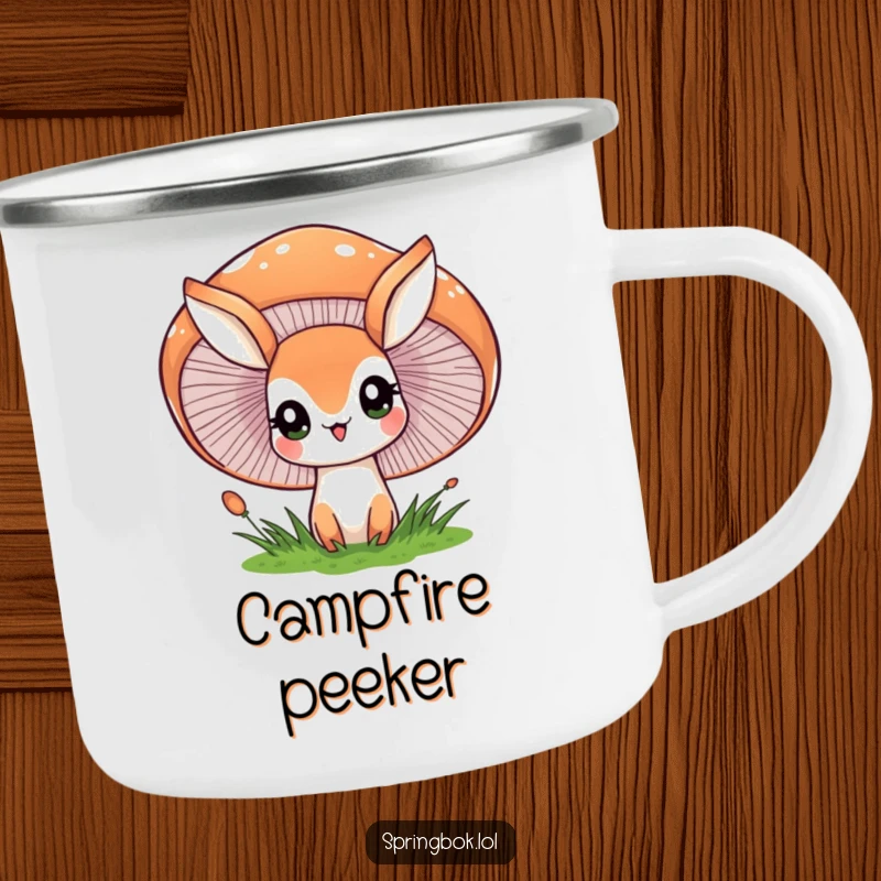 Funny camping mug with a springbok character peeking with wide eyes from behind a large, cheerful mushroom, perfect for forest adventures.