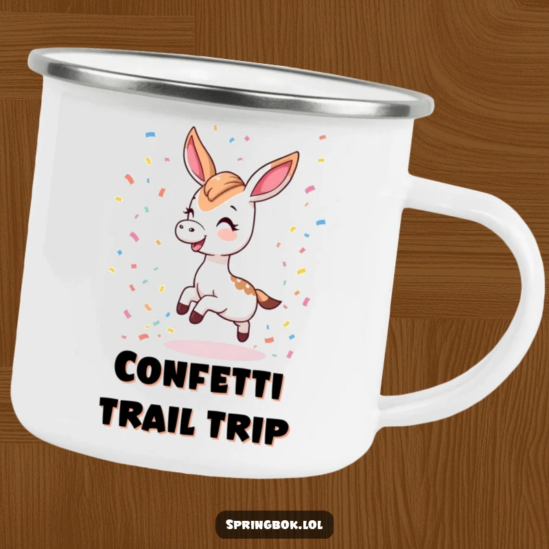 Funny enamel camping mug featuring a Kawaii springbok tripping playfully and scattering confetti, perfect for outdoor adventures.
