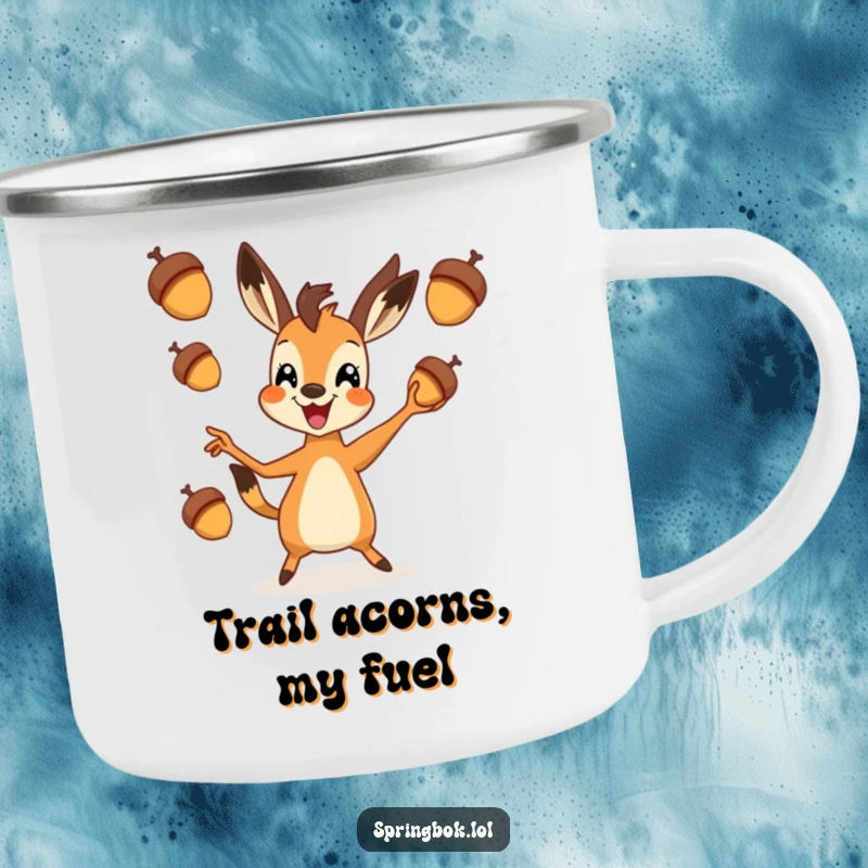 Funny springbok camping mug with a springbok happily juggling acorns, designed for rugged adventures and cheerful mornings.