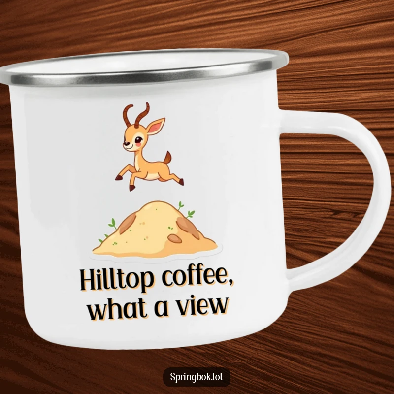 Funny tiny antelope character leaping high over a hill on an enamel camping mug, perfect for outdoor cheer.