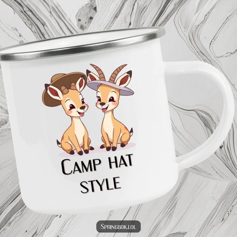 Funny springbok giggling camping mug, two springboks in oversized hats laughing, rugged and humorous for outdoors.