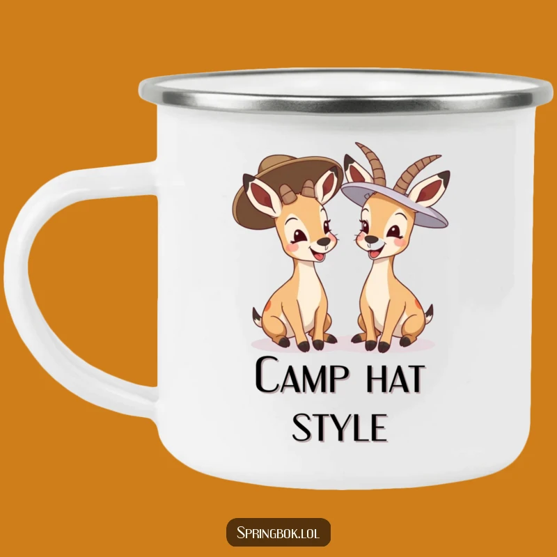 Funny Giggling Springbok Camping Mug: Hilarious Adventures with Big Hats
