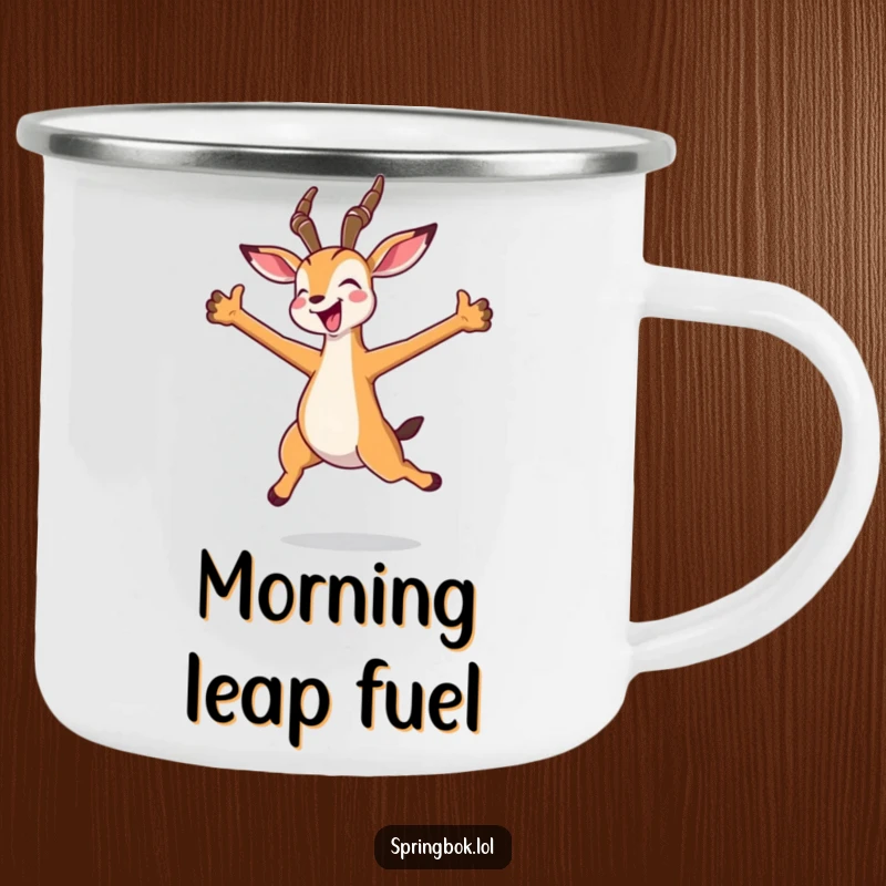 Funny kawaii springbok camping mug in a joyful jump with arms spread wide, perfect for outdoor use with maximum cheer.