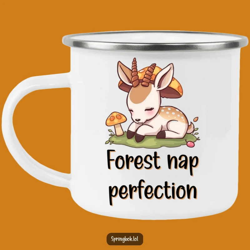 Funny Napping Antelope Camping Mug: Peaceful Mushroom Slumber Enamel Cup, Perfect Funny Gift!