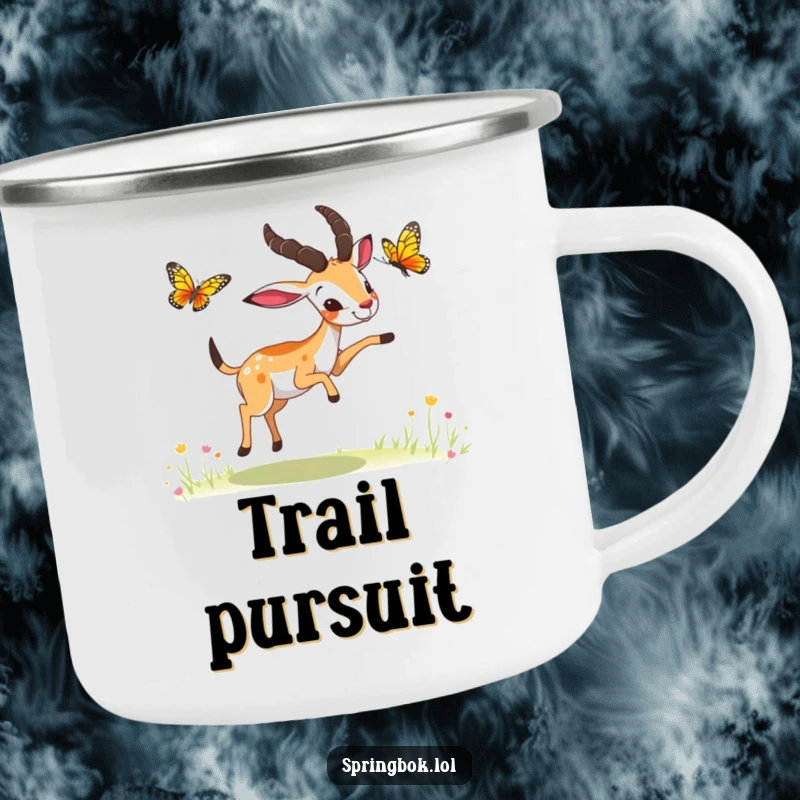 Funny springbok butterfly chase camping mug, a springbok playfully chasing a butterfly, rugged and humorous.
