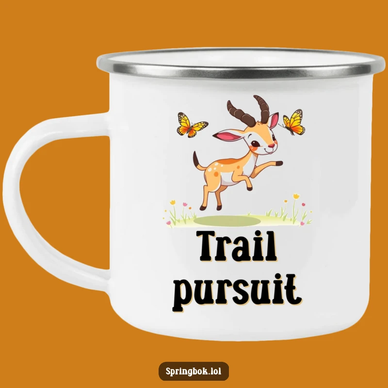 Funny Springbok Butterfly Chase Camping Mug: Outdoor Playfulness