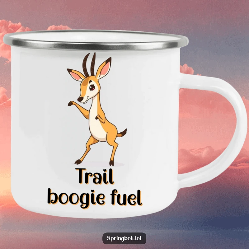 Funny Springbok Camping Mug showing a springbok in a hilarious, exaggerated dance, perfect for enjoying hot beverages during outdoor escapades.