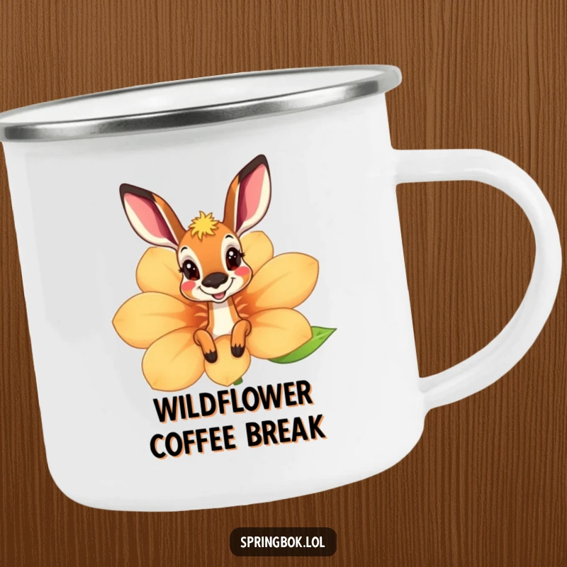 Funny springbok camping mug peeking playfully from behind a giant, smiling flower, perfect for outdoor use with a smile.