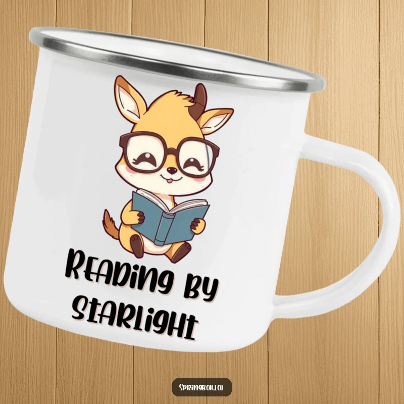Funny camping mug with a springbok character wearing oversized glasses, humorously reading, durable and witty for outdoors.