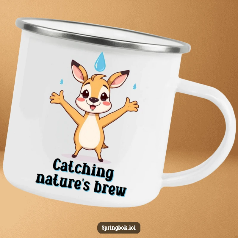 Funny springbok camping mug showing a springbok character happily catching a smiling raindrop with open arms, perfect for outdoor joy.